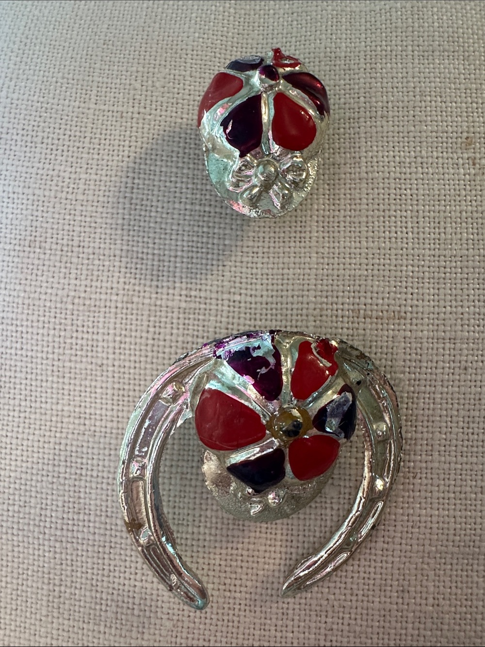 Vintage Shiny Silver-Tone Red & Purple Jockey Cap & Horseshoe Brooch Set